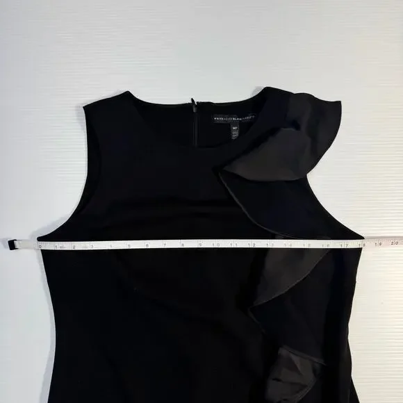 White House Black Market Black Ruffle Sheath Dress Medium Petite MP Cocktail LBD - Picture 7 of 16